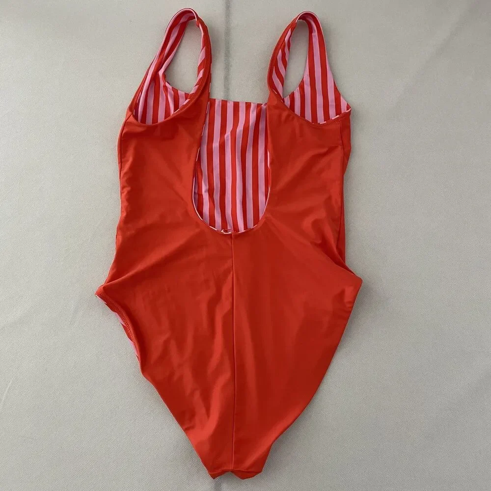 J.Crew One Piece Swimsuit Striped Pink Orange Square Neck Size 16 Reversible